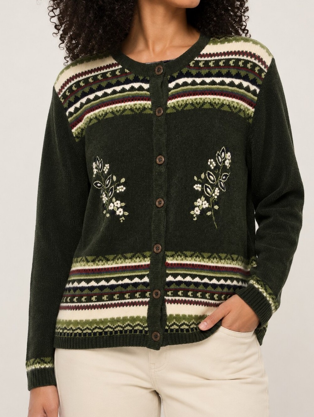 Vintage MAT Fair Isle Embroidered Cardigan Green Wool Blend Nordic Sweater M